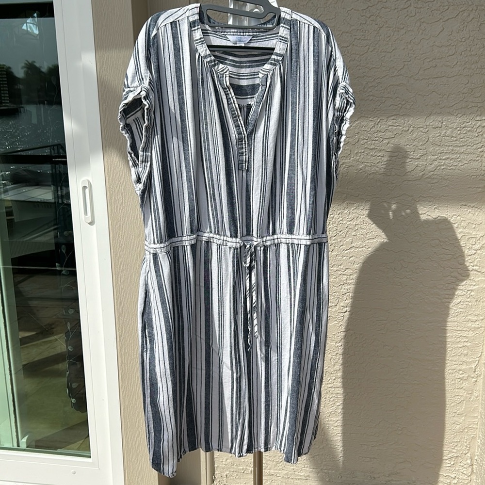 Denim and white linen dress